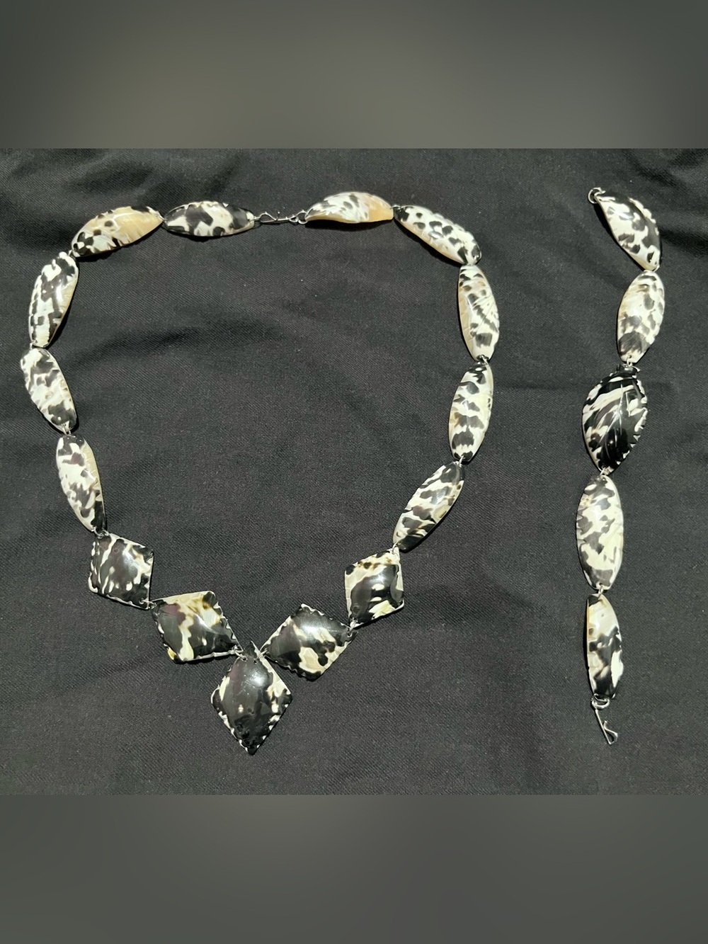 Vintage Black & White Natural Shell Statement Necklace + Bracelet Set